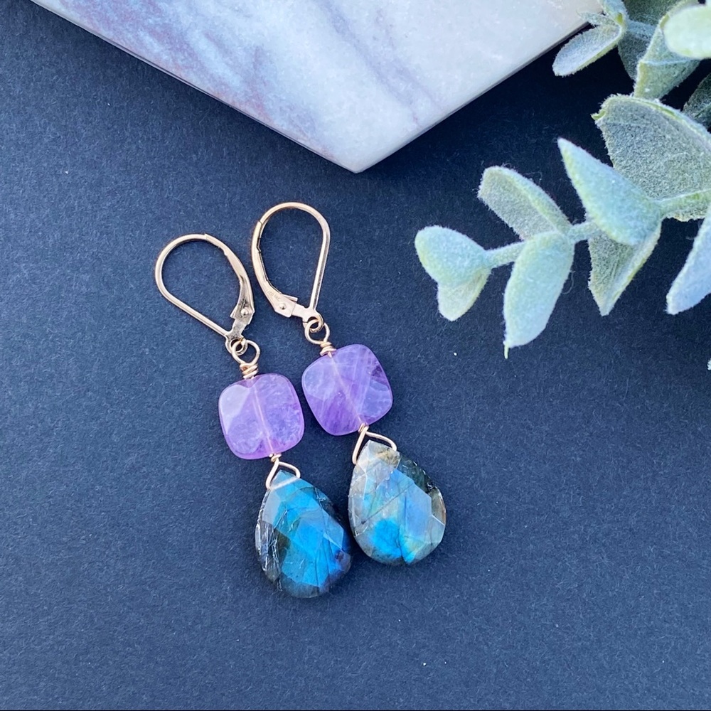 Labradorite Amethyst Earrings lever Back Gold Filled Dangle